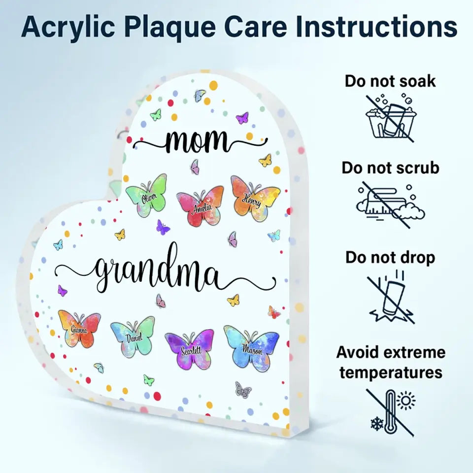 Personalized Heart-shaped Acrylic Plaque - Mother's Day, Birthday Gift For Mom, Grandma - Mom Grandma Butterfly