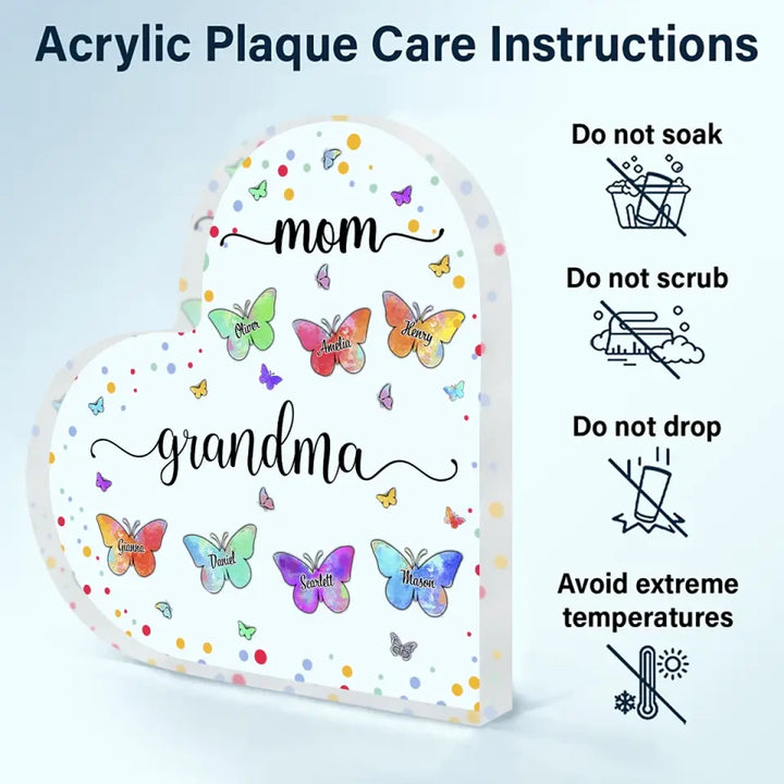 Personalized Heart-shaped Acrylic Plaque - Mother's Day, Birthday Gift For Mom, Grandma - Mom Grandma Butterfly