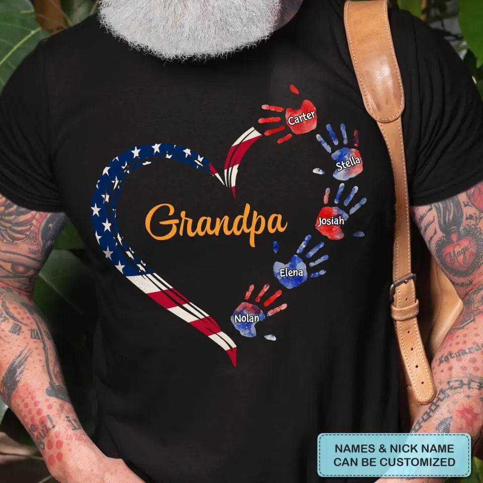 Personalized Custom T-shirt - 4th July, Father's Day, Birthday Gift For Dad, Grandpa - Grandpa Grandma Heart Kid Hands