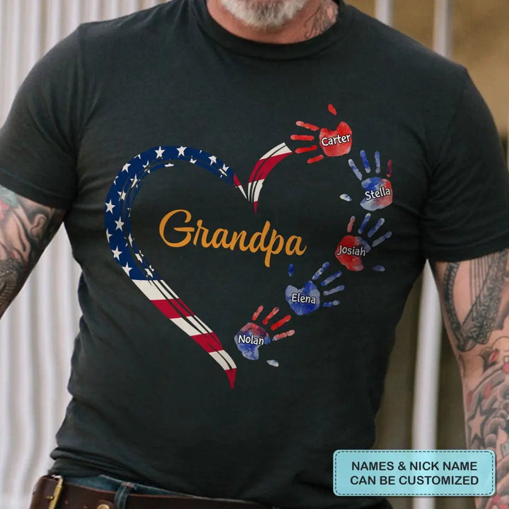 Personalized Custom T-shirt - 4th July, Father's Day, Birthday Gift For Dad, Grandpa - Grandpa Grandma Heart Kid Hands