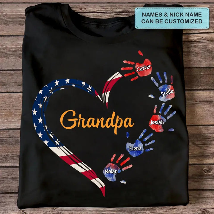 Personalized Custom T-shirt - 4th July, Father's Day, Birthday Gift For Dad, Grandpa - Grandpa Grandma Heart Kid Hands