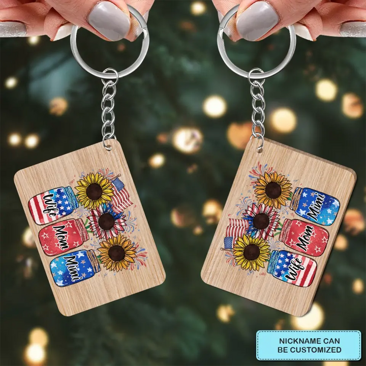 Personalized Custom Wooden Keychain - 4th Of July Gift For Grandma - Flower Jar Independence Day