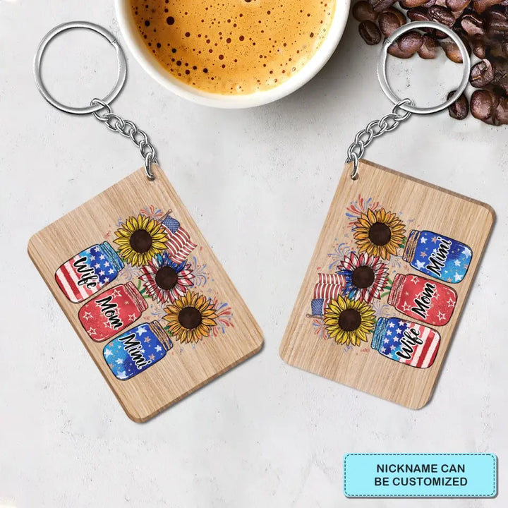 Personalized Custom Wooden Keychain - 4th Of July Gift For Grandma - Flower Jar Independence Day