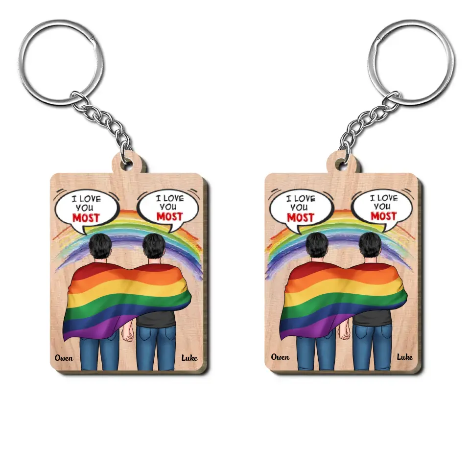 Personalized Custom Wooden Keychain - Pride Month, LGBT, Anniversary Gift For Couple - I Love You More