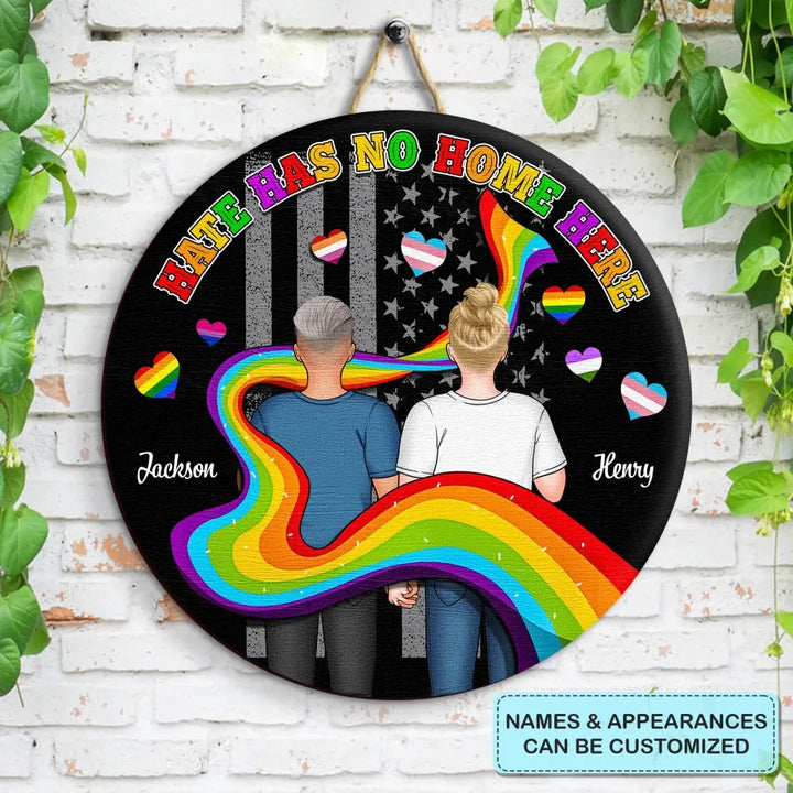 Personalized Custom Door Sign - Anniversary, Valentine's Day, LGBT, Pride Month Gift For Couple - Hate Has No Home Here