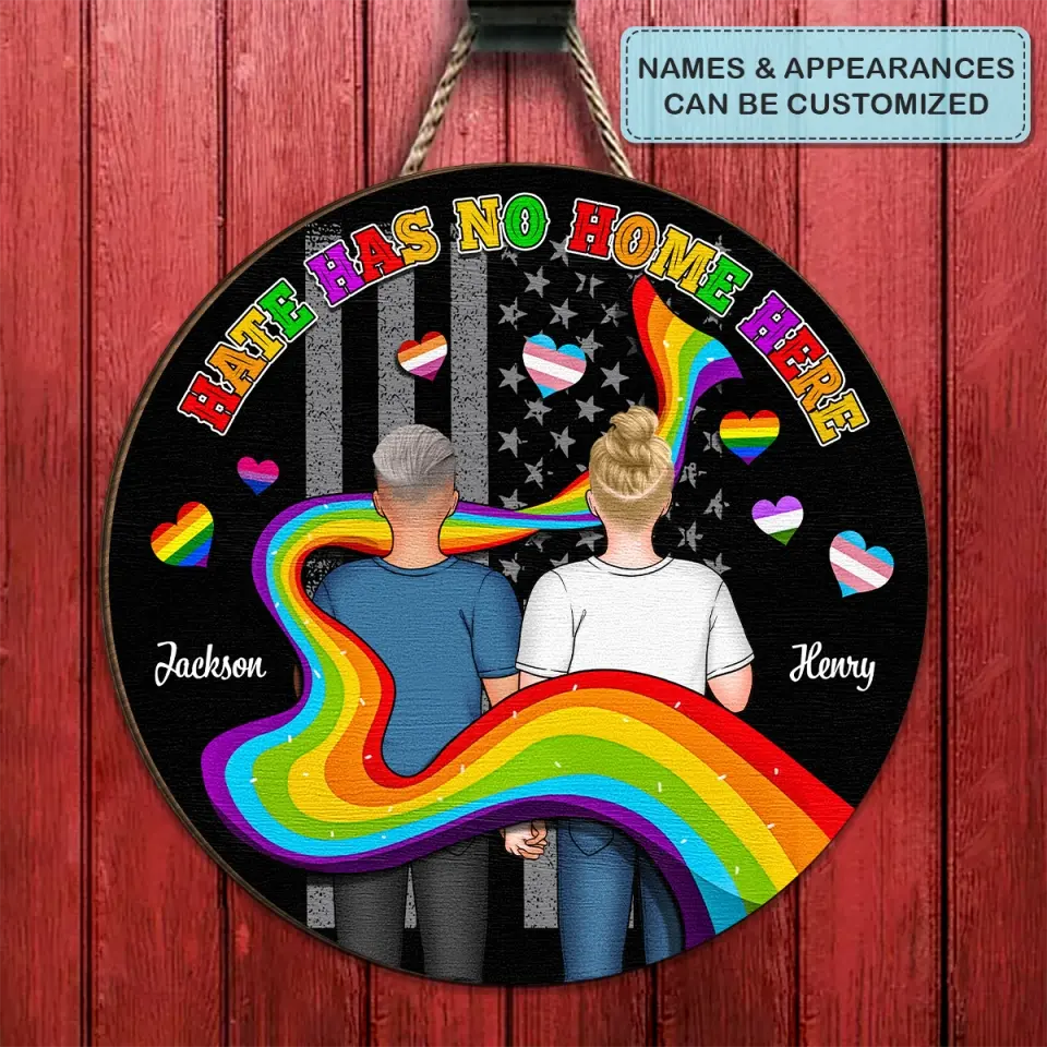 Personalized Custom Door Sign - Anniversary, Valentine's Day, LGBT, Pride Month Gift For Couple - Hate Has No Home Here