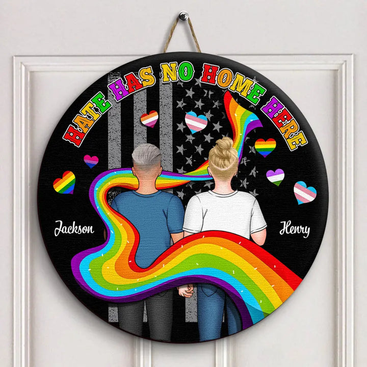 Personalized Custom Door Sign - Anniversary, Valentine's Day, LGBT, Pride Month Gift For Couple - Hate Has No Home Here