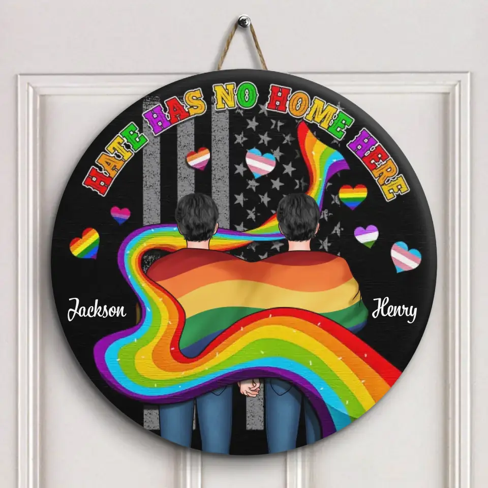 Personalized Custom Door Sign - Anniversary, Valentine's Day, LGBT, Pride Month Gift For Couple - Hate Has No Home Here