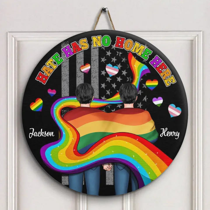 Personalized Custom Door Sign - Anniversary, Valentine's Day, LGBT, Pride Month Gift For Couple - Hate Has No Home Here