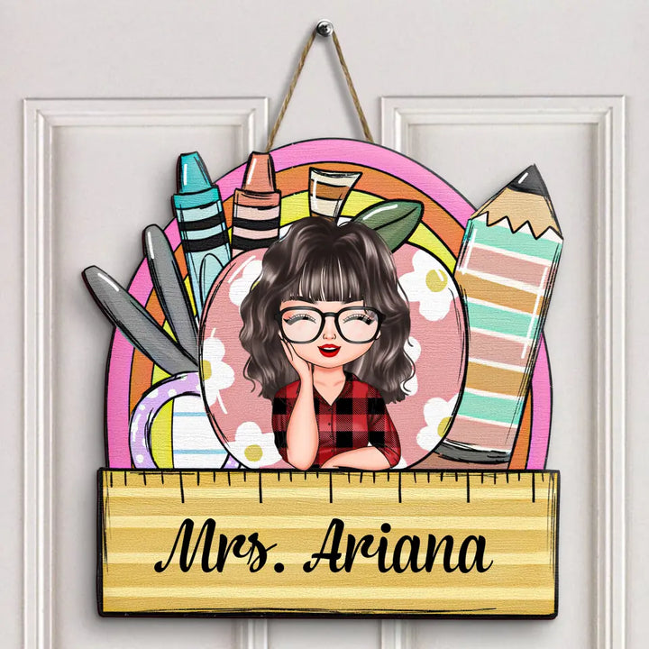 Personalized Custom Door Sign - Teacher's Day, Birthday Gift For Teacher - Flowers Apple