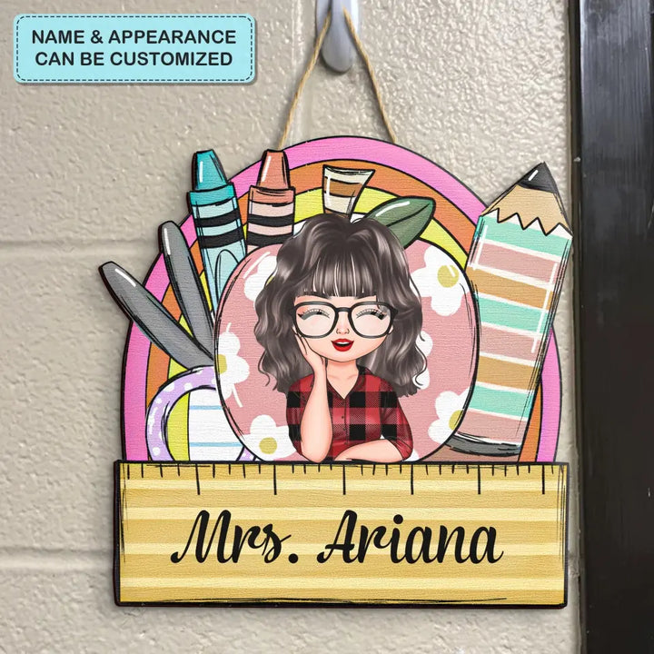 Personalized Custom Door Sign - Teacher's Day, Birthday Gift For Teacher - Flowers Apple