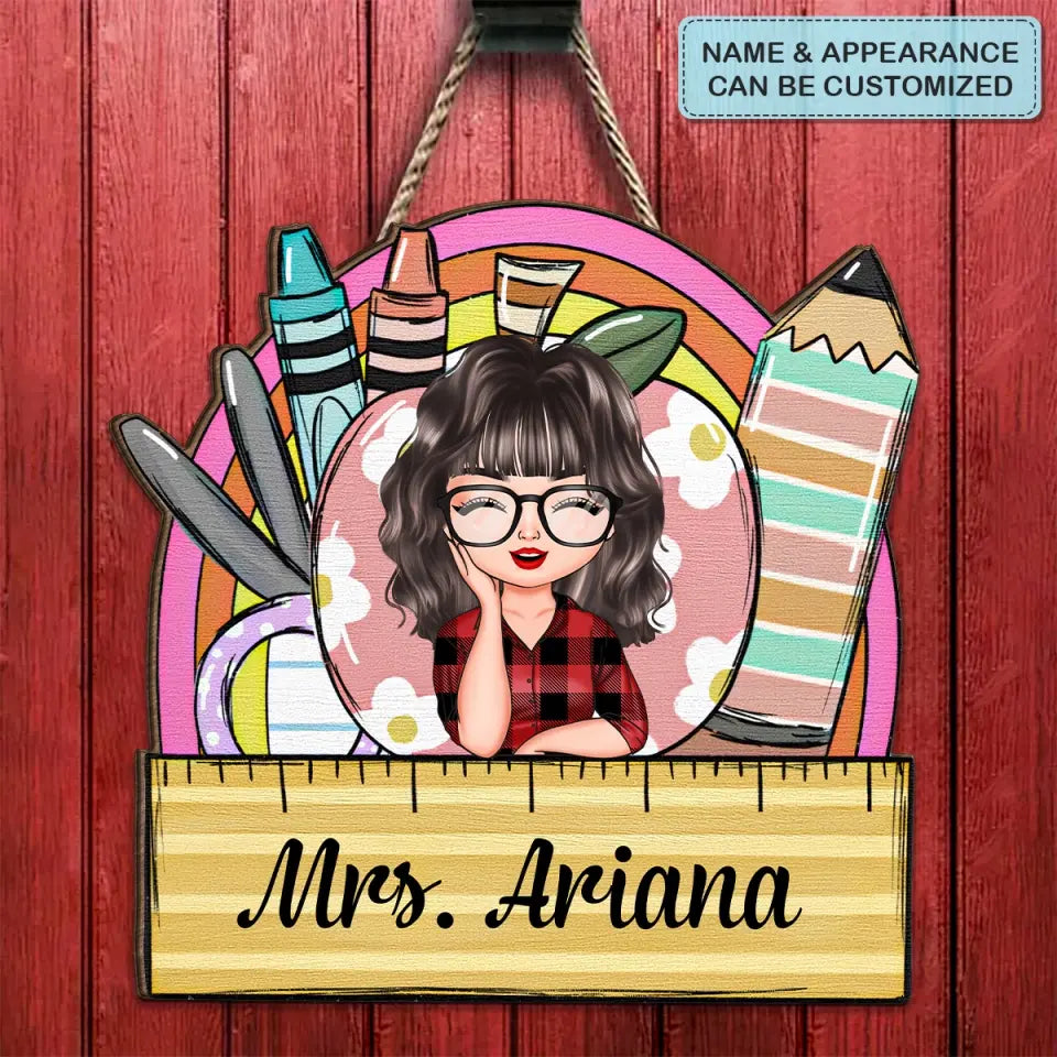 Personalized Custom Door Sign - Teacher's Day, Birthday Gift For Teacher - Flowers Apple