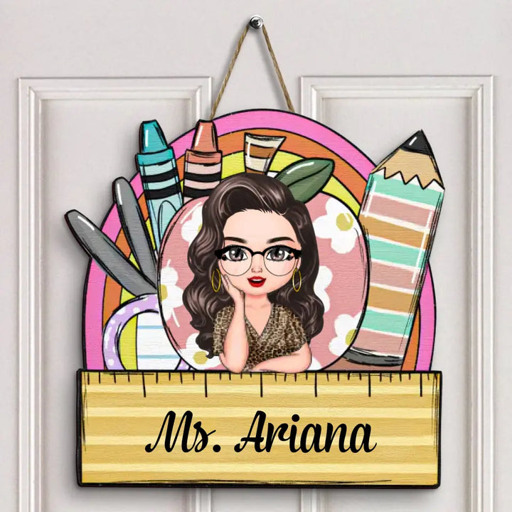 Personalized Custom Door Sign - Teacher's Day, Birthday Gift For Teacher - Flowers Apple