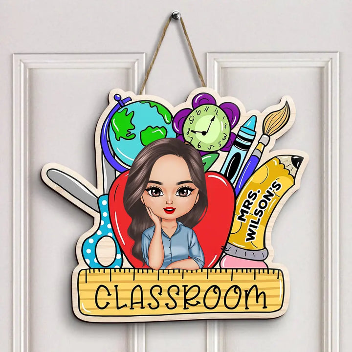 Personalized Custom Door Sign - Teacher's Day, Birthday Gift For Teacher - Red Apple Teacher Door Sign