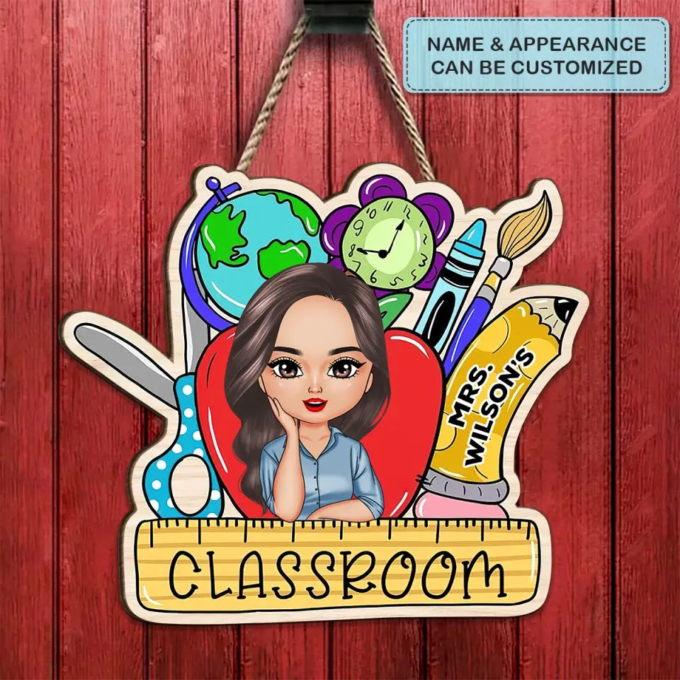 Personalized Custom Door Sign - Teacher's Day, Birthday Gift For Teacher - Red Apple Teacher Door Sign