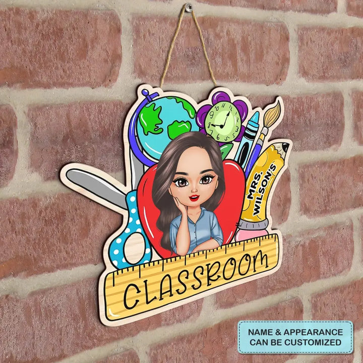 Personalized Custom Door Sign - Teacher's Day, Birthday Gift For Teacher - Red Apple Teacher Door Sign