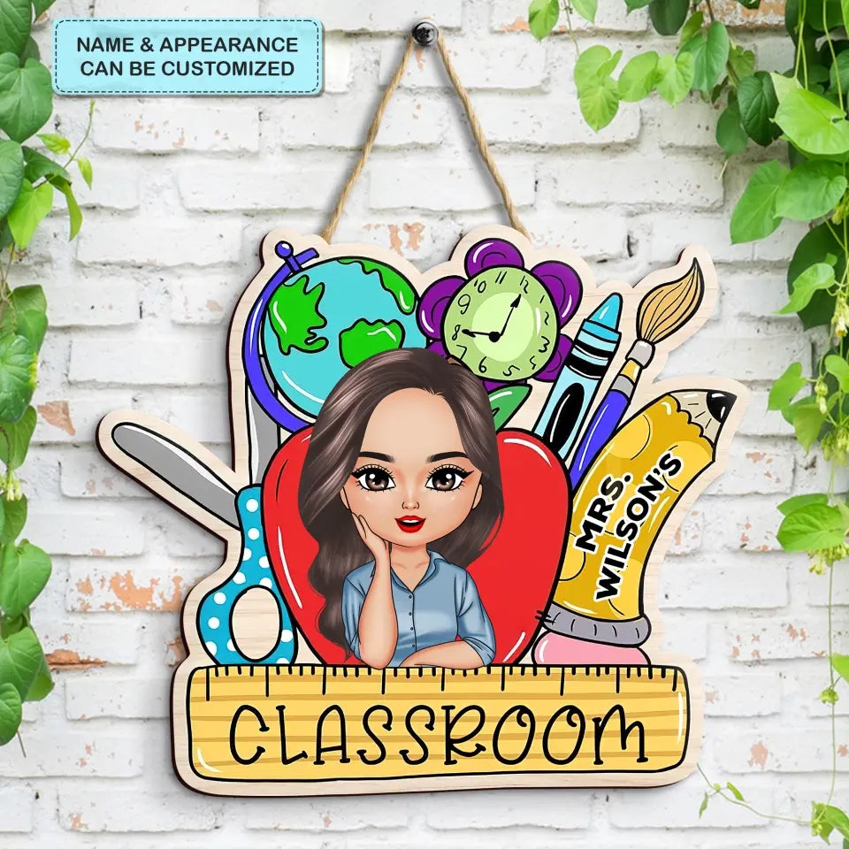 Personalized Custom Door Sign - Teacher's Day, Birthday Gift For Teacher - Red Apple Teacher Door Sign