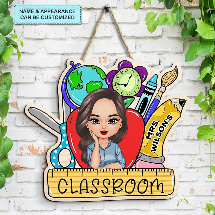 Personalized Custom Door Sign - Teacher's Day, Birthday Gift For Teacher - Red Apple Teacher Door Sign