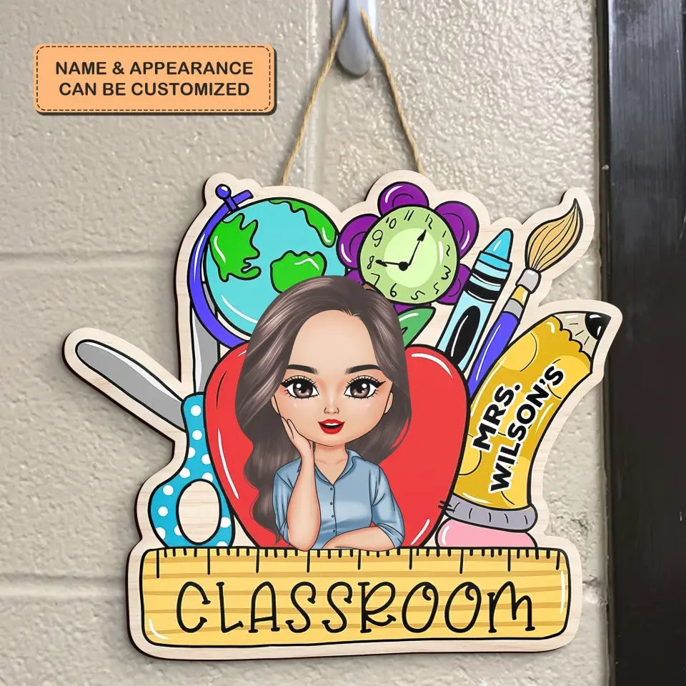 Personalized Custom Door Sign - Teacher's Day, Birthday Gift For Teacher - Red Apple Teacher Door Sign