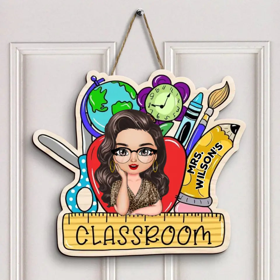 Personalized Custom Door Sign - Teacher's Day, Birthday Gift For Teacher - Red Apple Teacher Door Sign
