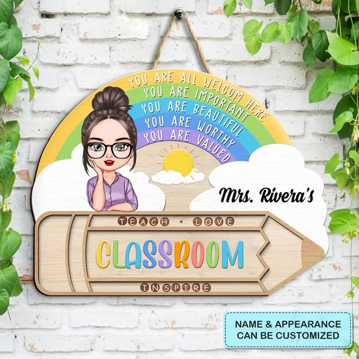Personalized Custom Door Sign - Welcoming, Teacher's Day Gift For Teacher - Teacher Rainbow Classroom