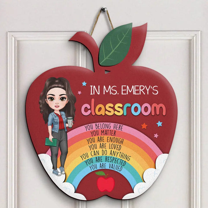 Personalized Custom Door Sign - Welcoming, Teacher's Day Gift For Teacher - Red Apple Rainbow Door Sign