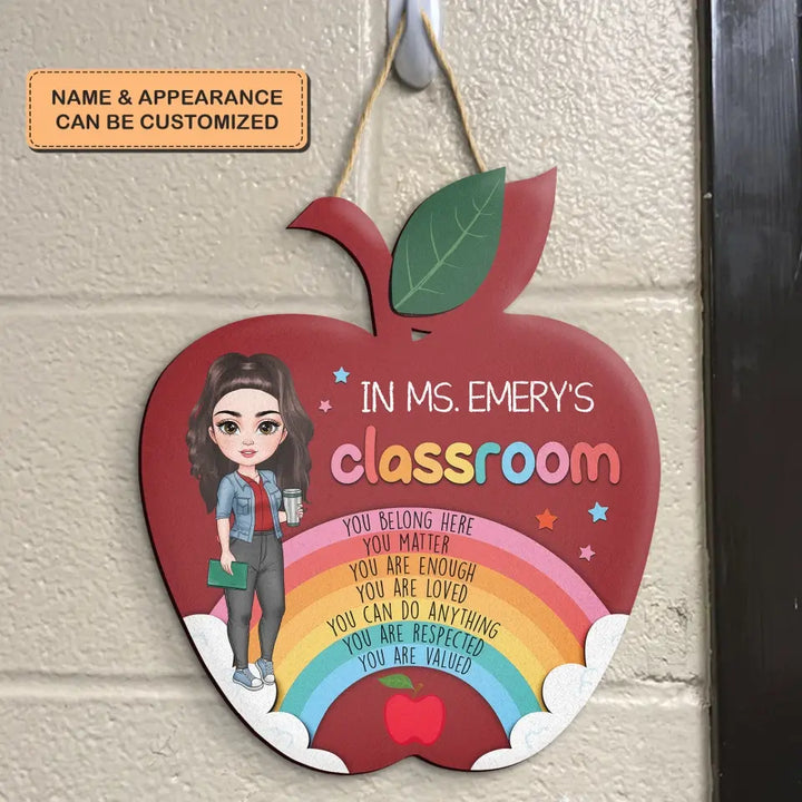 Personalized Custom Door Sign - Welcoming, Teacher's Day Gift For Teacher - Red Apple Rainbow Door Sign