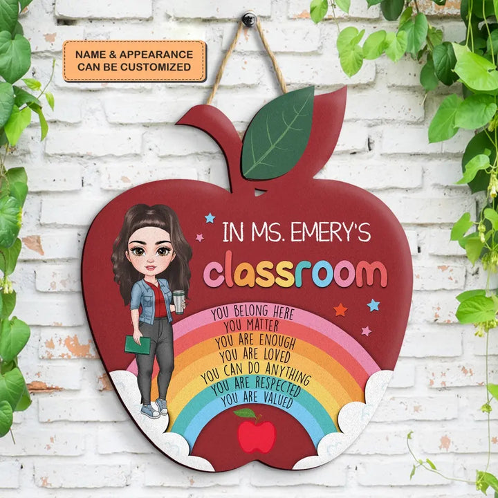 Personalized Custom Door Sign - Welcoming, Teacher's Day Gift For Teacher - Red Apple Rainbow Door Sign