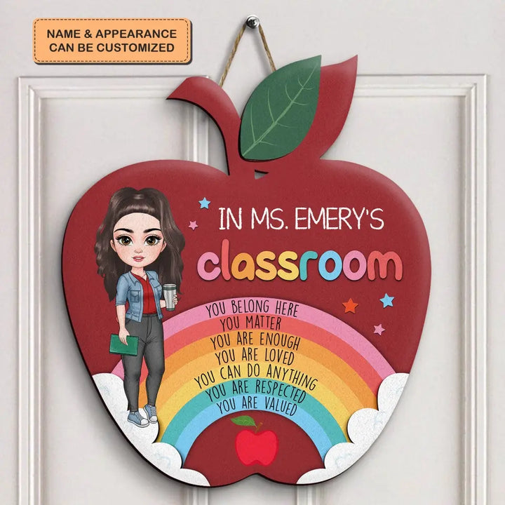 Personalized Custom Door Sign - Welcoming, Teacher's Day Gift For Teacher - Red Apple Rainbow Door Sign