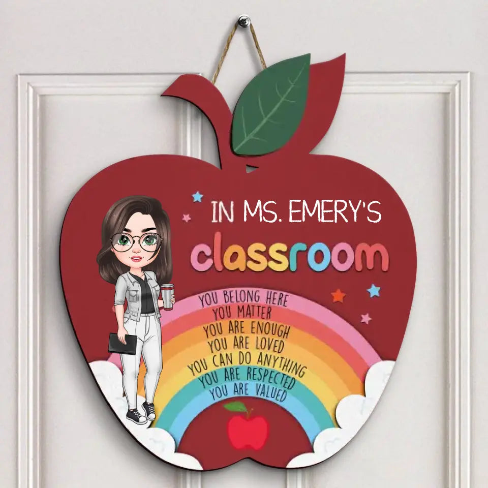 Personalized Custom Door Sign - Welcoming, Teacher's Day Gift For Teacher - Red Apple Rainbow Door Sign
