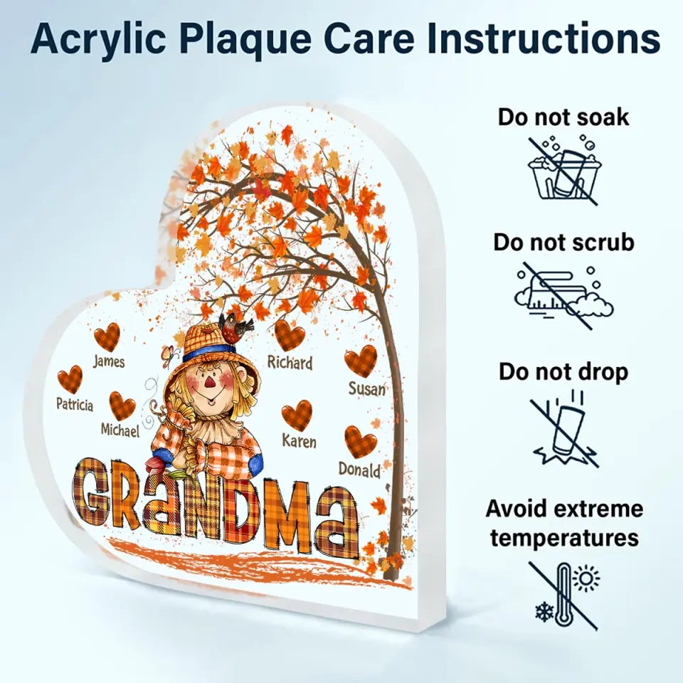 Personalized Custom Heart-shaped Acrylic Plaque - Mother's Day Gift For Mom, Grandma - Grandma Scarecrow Fall