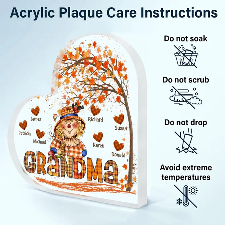 Personalized Custom Heart-shaped Acrylic Plaque - Mother's Day Gift For Mom, Grandma - Grandma Scarecrow Fall