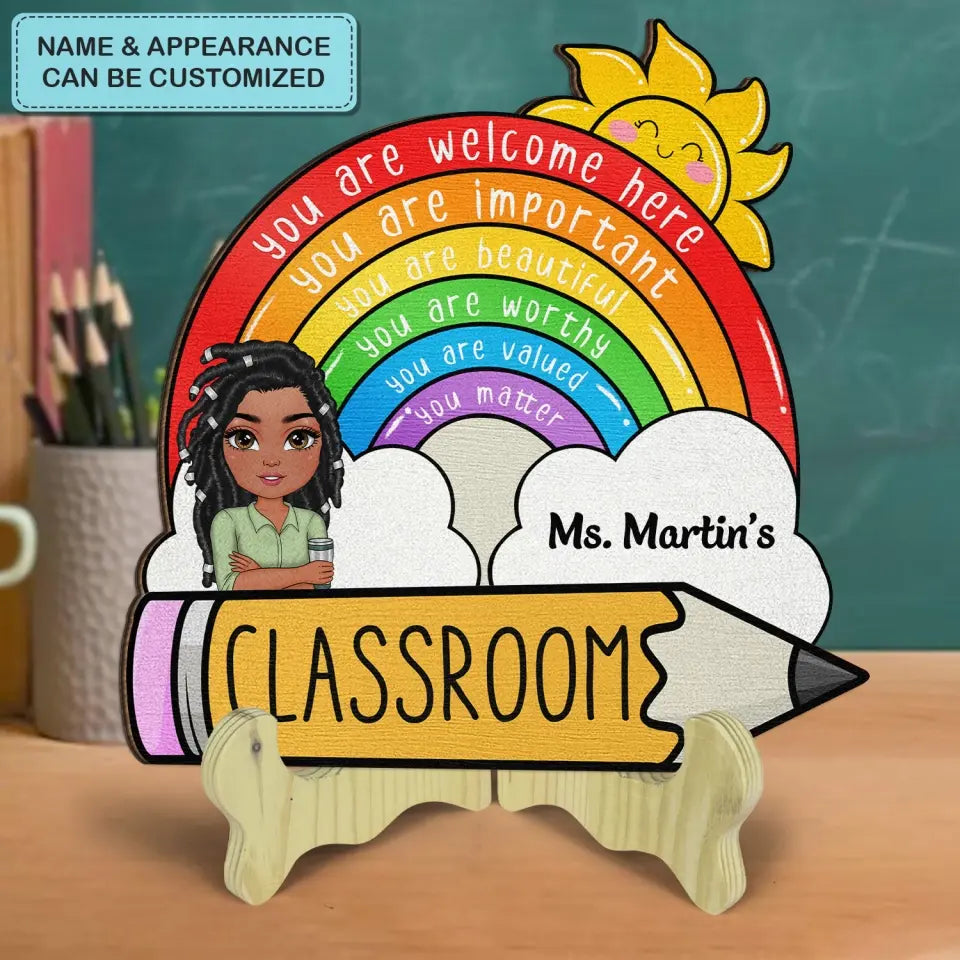 Personalized Custom 1 Layer Wooden Sign - Birthday, Teacher's Day Appreciation Gift For Teacher - You Are Welcome Here Rainbow