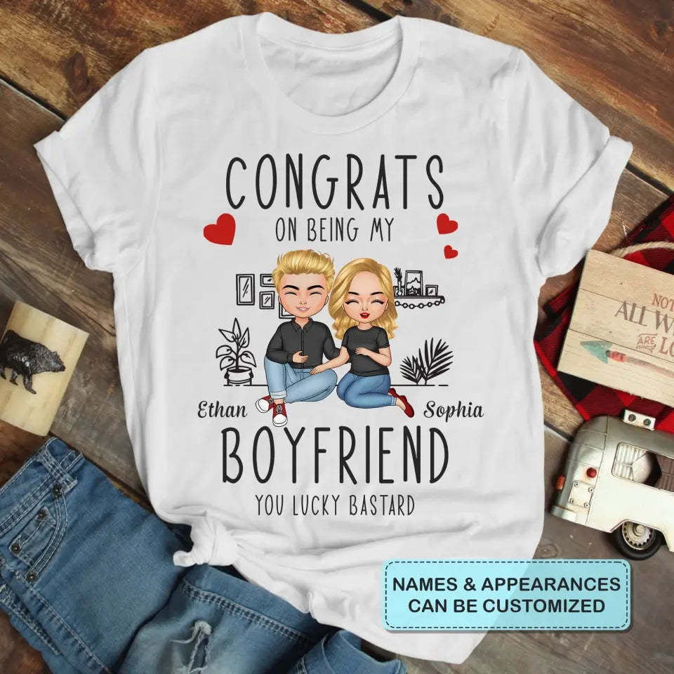 Personalized Custom T-shirt - Anniversary Gift For Couple - Congrats On Being My Boyfriend