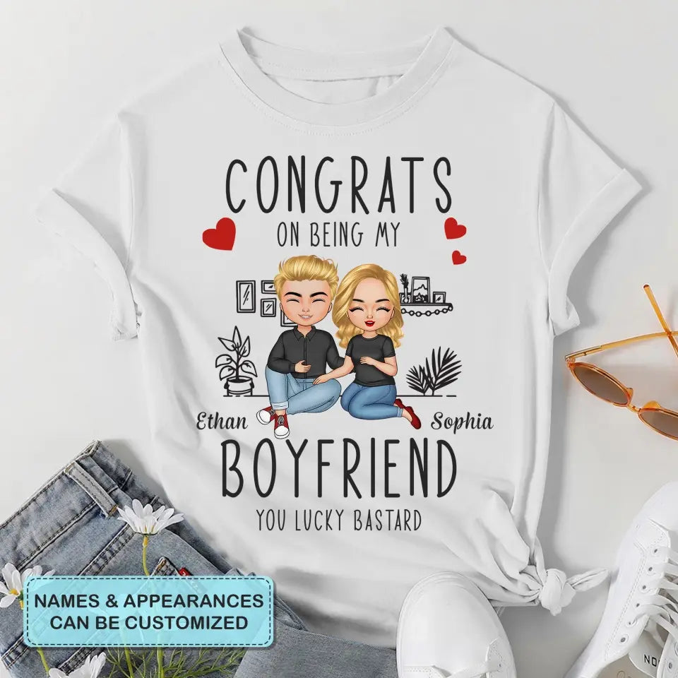 Personalized Custom T-shirt - Anniversary Gift For Couple - Congrats On Being My Boyfriend