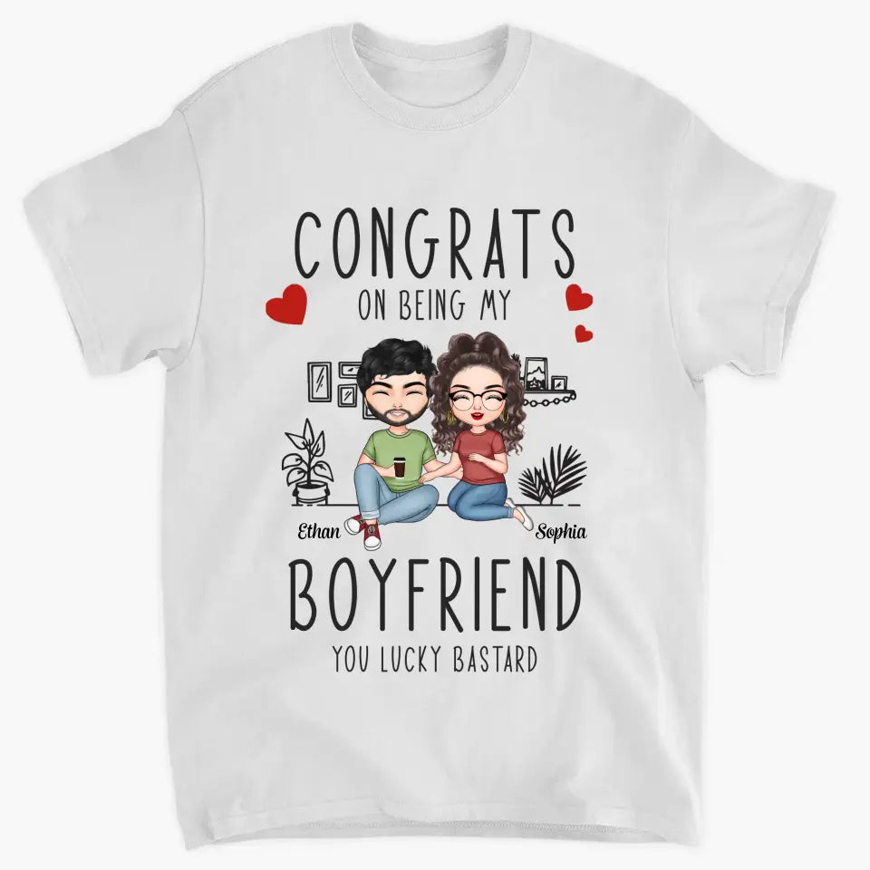 Personalized Custom T-shirt - Anniversary Gift For Couple - Congrats On Being My Boyfriend