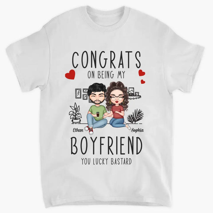 Personalized Custom T-shirt - Anniversary Gift For Couple - Congrats On Being My Boyfriend