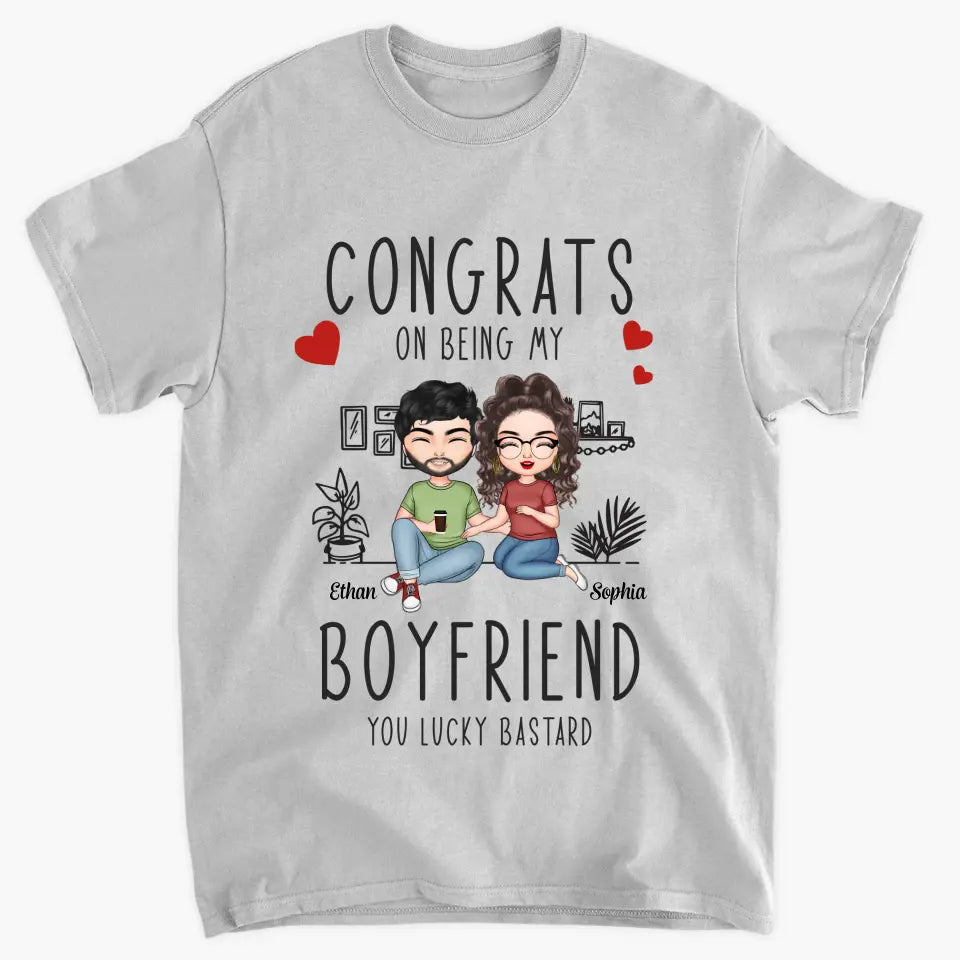 Personalized Custom T-shirt - Anniversary Gift For Couple - Congrats On Being My Boyfriend