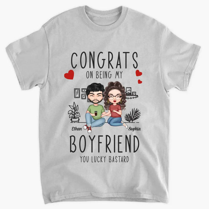 Personalized Custom T-shirt - Anniversary Gift For Couple - Congrats On Being My Boyfriend