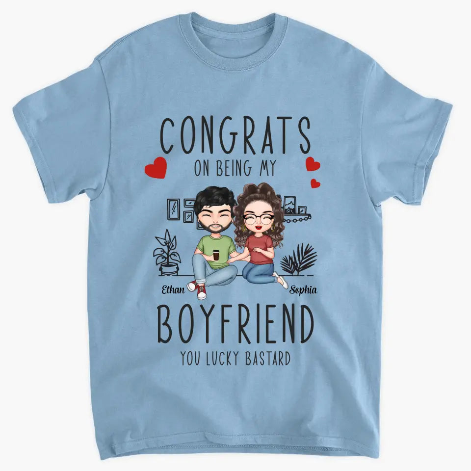 Personalized Custom T-shirt - Anniversary Gift For Couple - Congrats On Being My Boyfriend