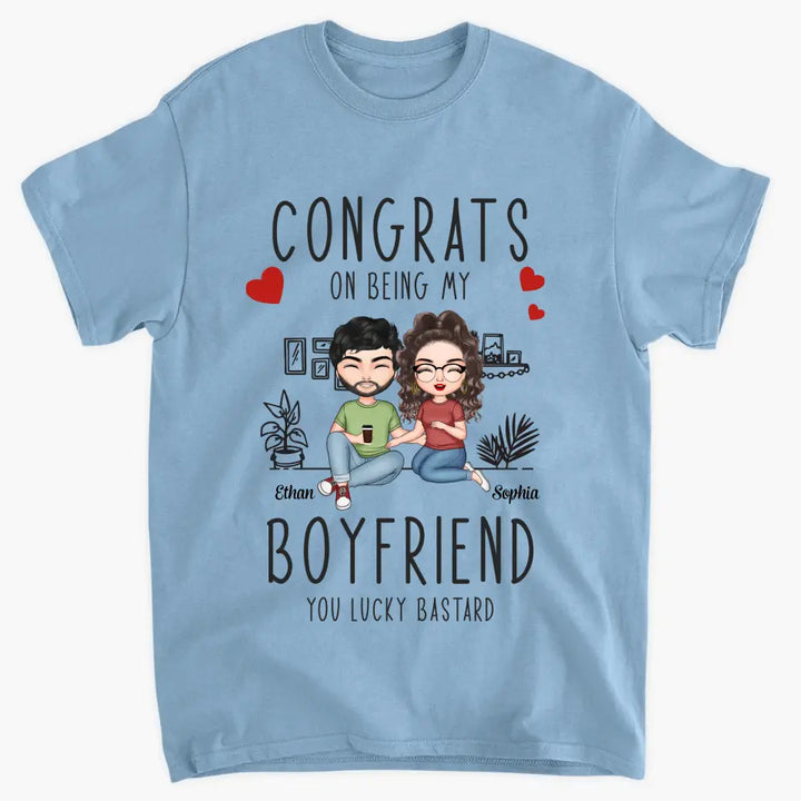 Personalized Custom T-shirt - Anniversary Gift For Couple - Congrats On Being My Boyfriend