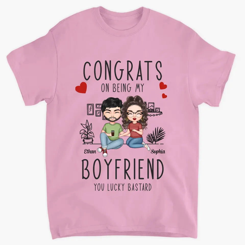 Personalized Custom T-shirt - Anniversary Gift For Couple - Congrats On Being My Boyfriend