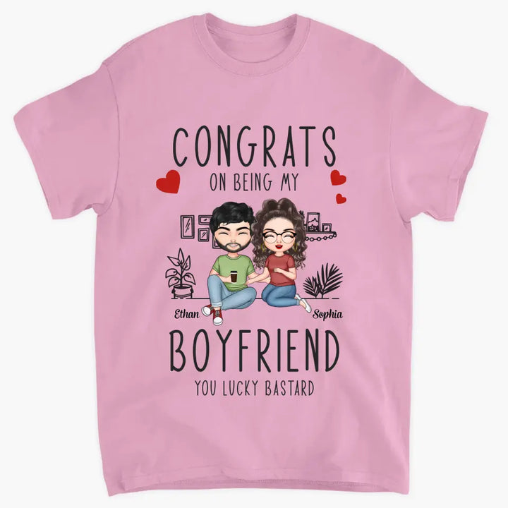 Personalized Custom T-shirt - Anniversary Gift For Couple - Congrats On Being My Boyfriend