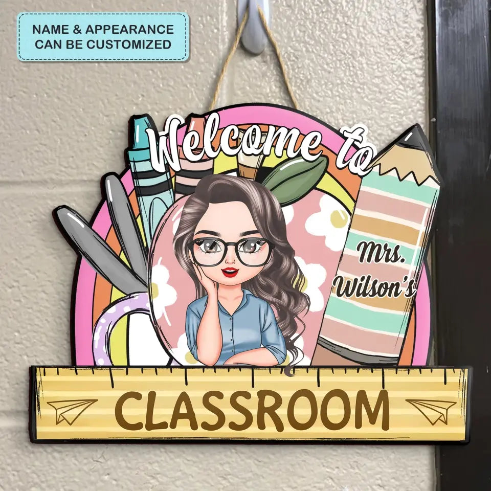 Personalized Custom Door Sign - Teacher's Day, Appreciation Gift For Teacher - Welcome To Classroom Floral Apple