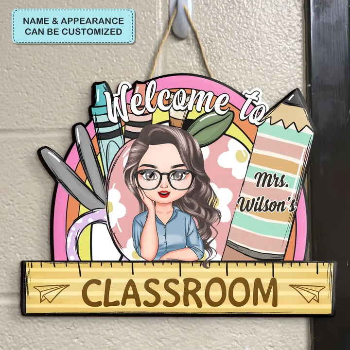 Personalized Custom Door Sign - Teacher's Day, Appreciation Gift For Teacher - Welcome To Classroom Floral Apple