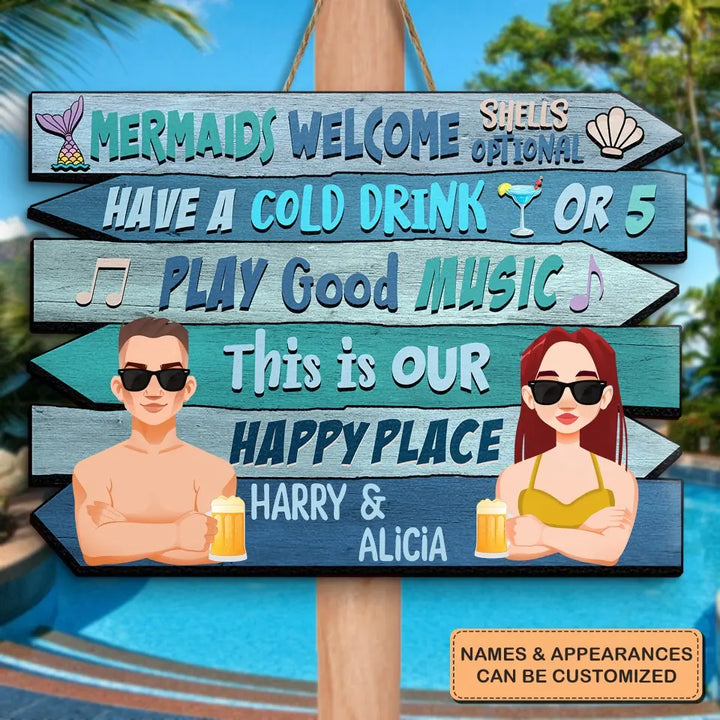 Personalized Custom Door Sign - Anniversary Gift For Couple - Mermaid Welcome Shells Optional Have A Cold Drink Or 5 Summer Vacation