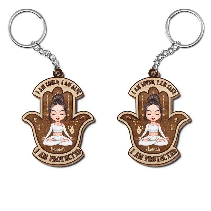 Personalized Custom Wooden Keychain - Birthday Gift For Yoga Lover - I Am Loved I Am Safe