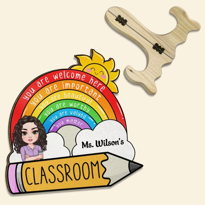 Personalized Custom 1 Layer Wooden Sign - Birthday, Teacher's Day Appreciation Gift For Teacher - You Are Welcome Here Rainbow