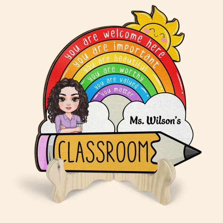 Personalized Custom 1 Layer Wooden Sign - Birthday, Teacher's Day Appreciation Gift For Teacher - You Are Welcome Here Rainbow