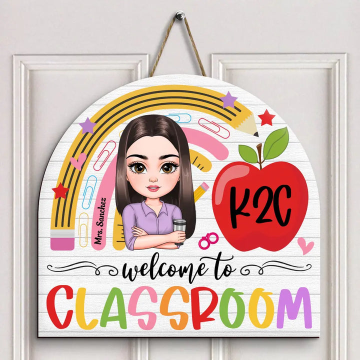 Personalized Custom Door Sign - Teacher's Day, Appreciation Gift For Teacher - Teacher Rainbow Apple Door Sign